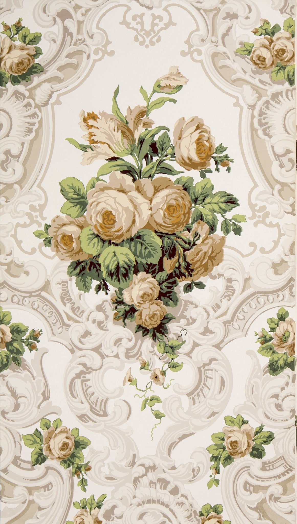 Large Rose Bouquets in Rococo Scrolls - Antique Wallpaper Remnant
