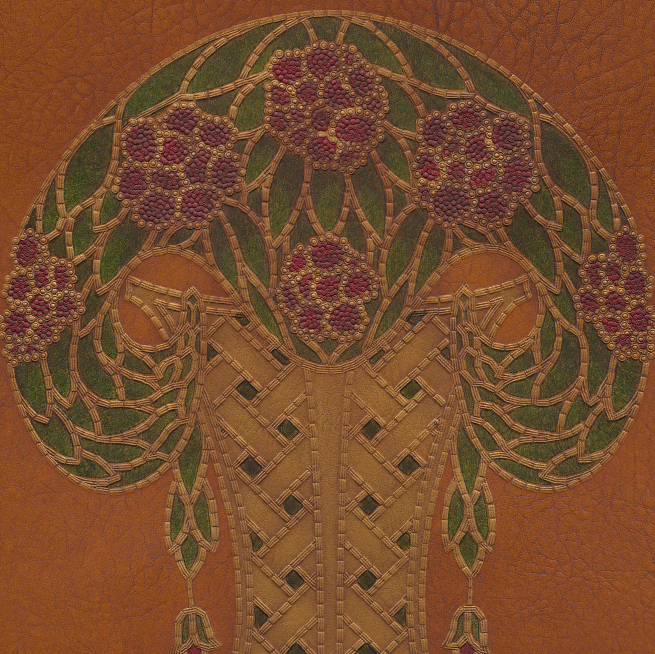 Stylized Floral Basket Ornament on Leather - Antique Wallpaper Remnant
