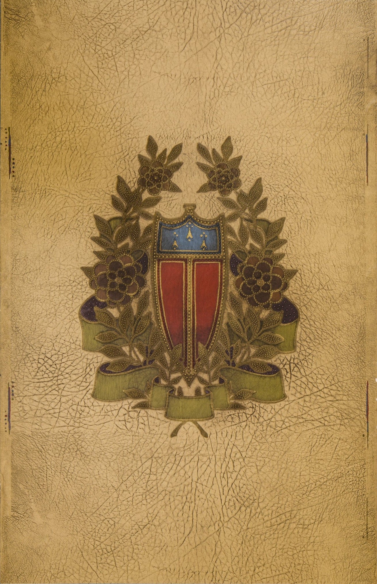 Embossed Shield and Wreath on Leather - Antique Wallpaper Remnant