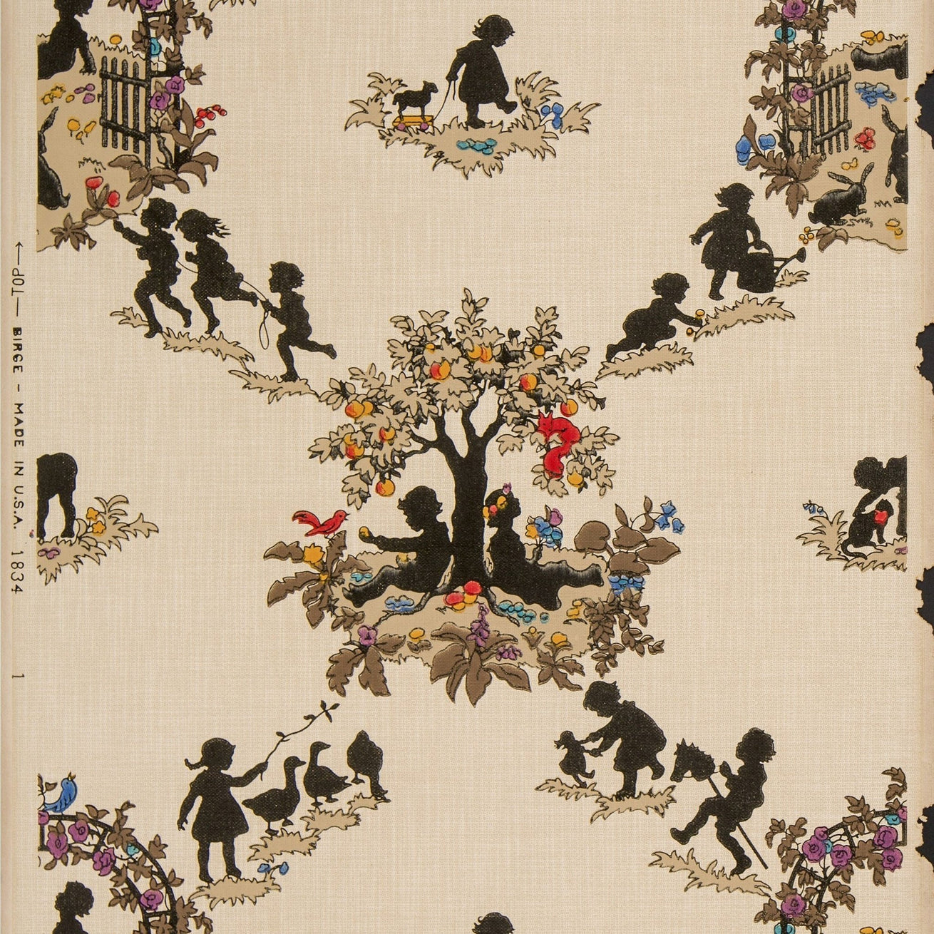 Black Silhouettes of Children Playing - Antique Wallpaper Remnant