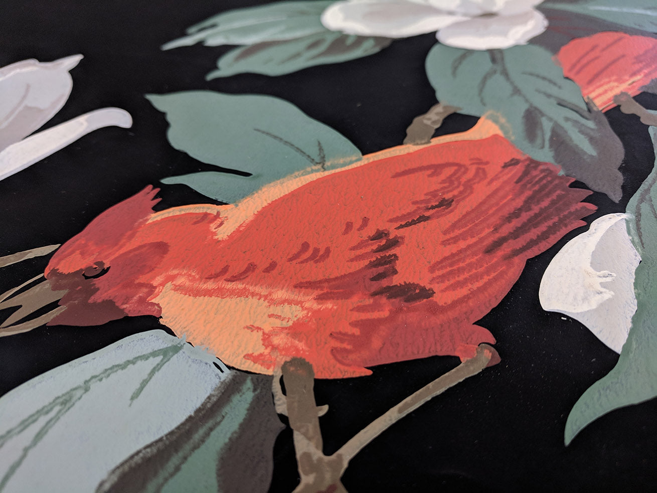 "Normandie" Cardinal in Flowering Branches - Vintage Wallpaper Remnant