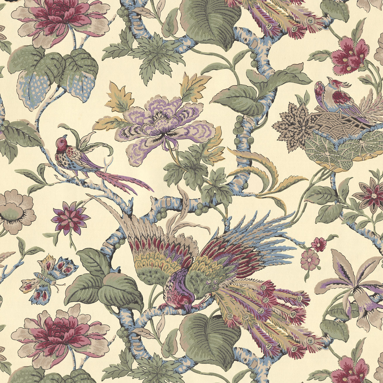 Floral Vine with Birds, Nest, Butterflies - Antique Wallpaper Remnant