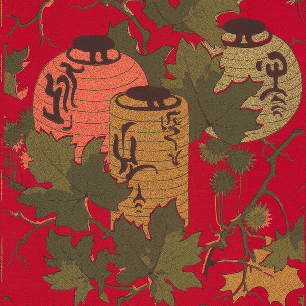 Japanese Lanterns in Branches on Red Ground - Antique Wallpaper Remnant