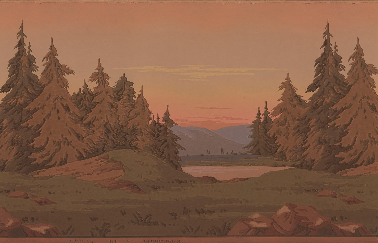 Blended Mountain Sunset Landscape Frieze - Antique Wallpaper Remnant