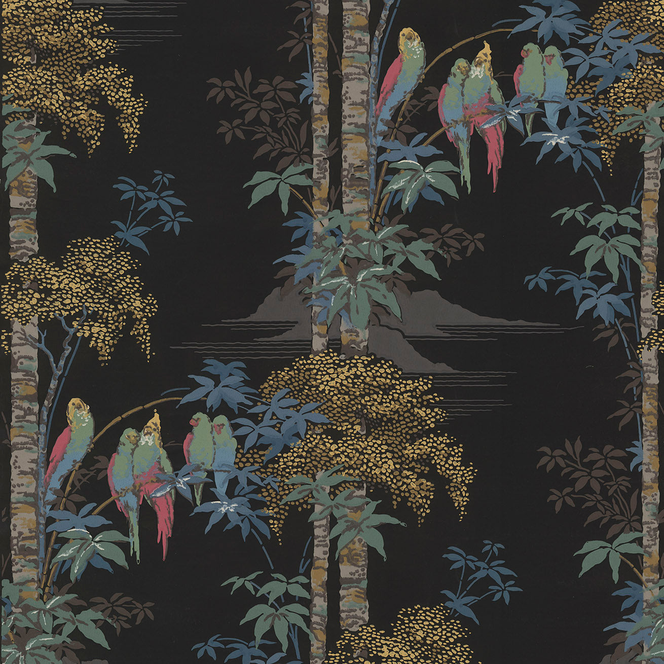 Parakeets in Palm Trees - Antique Wallpaper Remnant