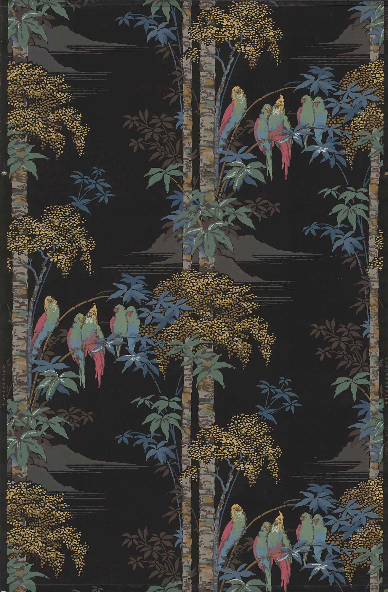 Parakeets in Palm Trees - Antique Wallpaper Remnant