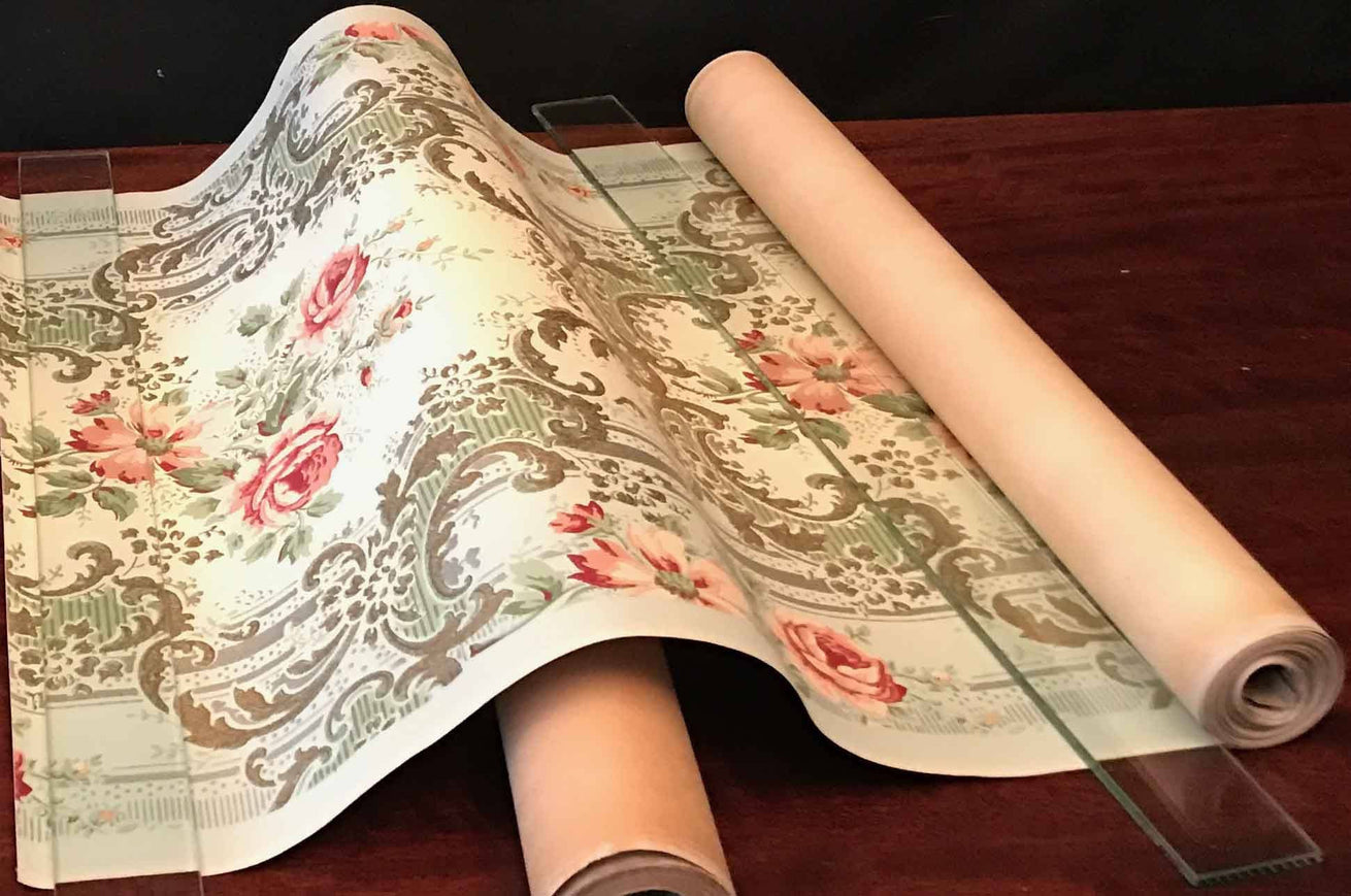 Rose Bouquets with Mica Stripes - Antique Wallpaper Rolls