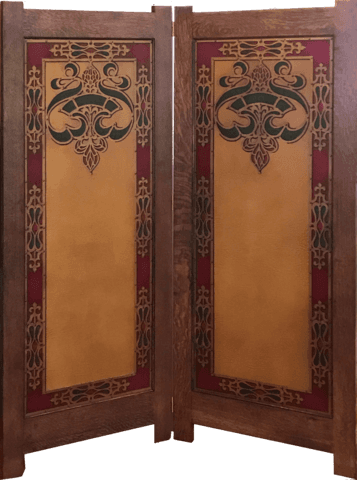 New Arts & Crafts Folding Screen with Antique Wallpaper Panels - Hand-Printed Medieval "Leather" Paper