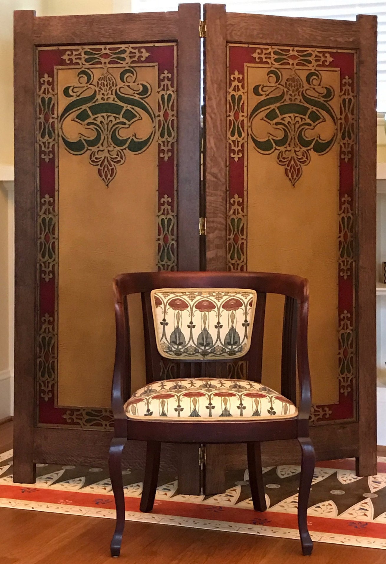 New Arts & Crafts Folding Screen with Antique Wallpaper Panels - Hand-Printed Medieval "Leather" Paper