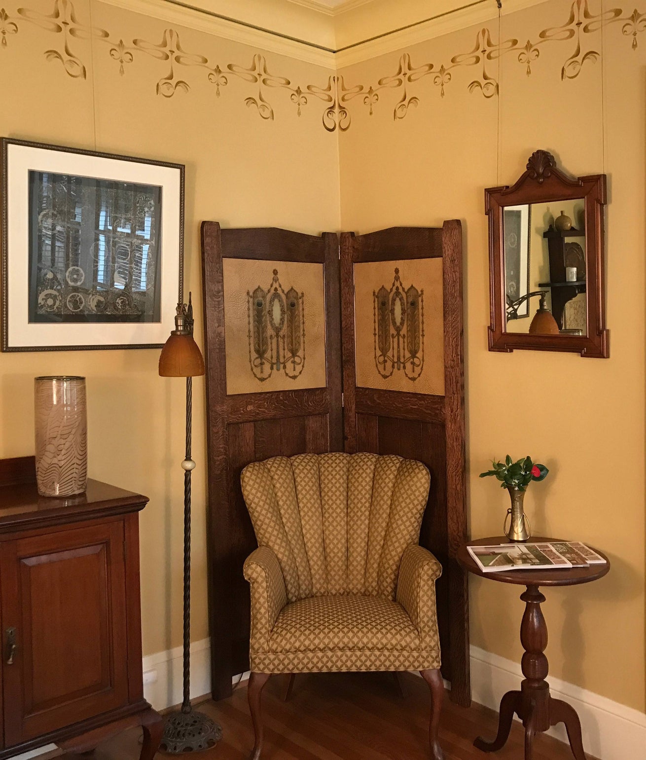 New Arts & Crafts Folding Screen with Antique Wallpaper Panels - Tooled “Leather” Peacock Feather Ornament